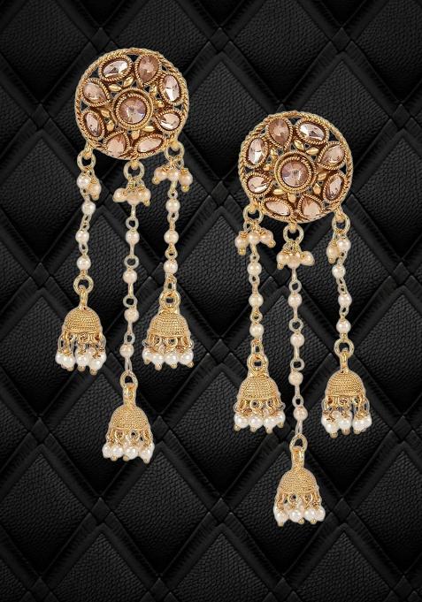 Stylish Gold Plated Stone And Tasselled Earrings Cubic Zirconia Beads Alloy Drops Danglers