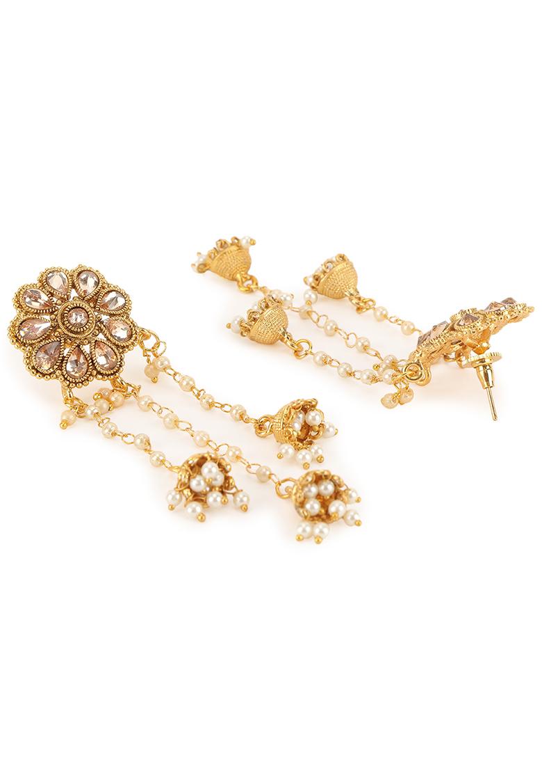 Stylish Gold Plated Stone And Tasselled Earrings Cubic Zirconia Beads Alloy Drops Danglers - Indya