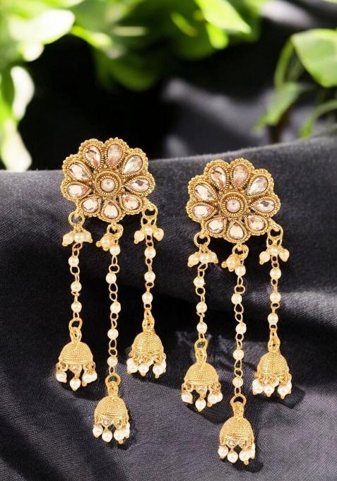 Stylish Gold Plated Stone And Tasselled Earrings Cubic Zirconia Beads Alloy Drops Danglers