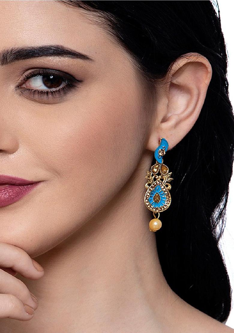 Classic Gold Plated Enamelled Meenakari Earrings Cubic Zirconia Beads Alloy Drops Danglers - Indya