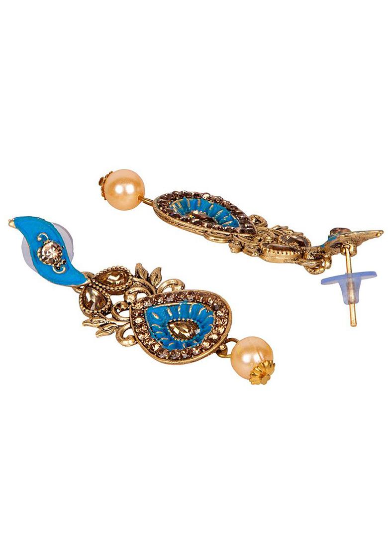 Classic Gold Plated Enamelled Meenakari Earrings Cubic Zirconia Beads Alloy Drops Danglers - Indya