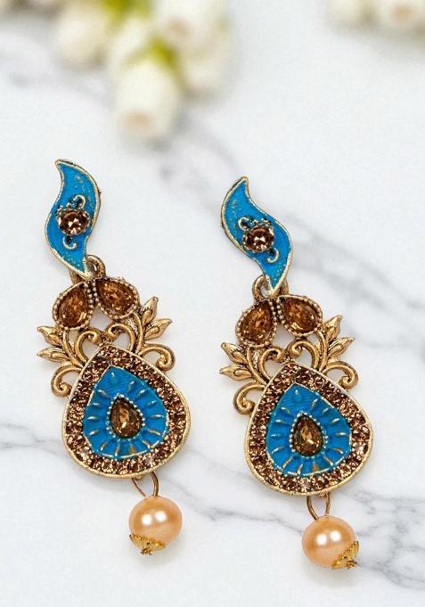 Classic Gold Plated Enamelled Meenakari Earrings Cubic Zirconia Beads Alloy Drops Danglers