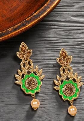 Classic Gold Plated Enamelled Meenakari Earrings Cubic Zirconia Beads Alloy Drops Danglers