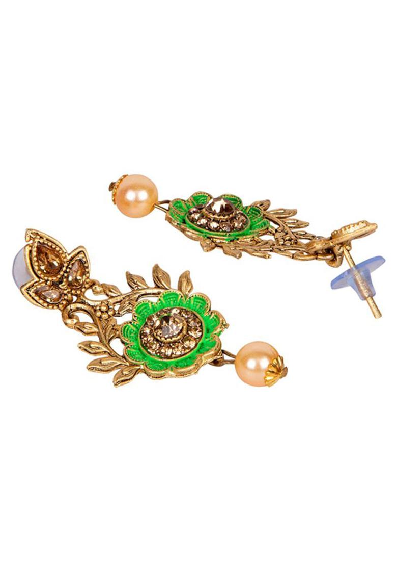 Classic Gold Plated Enamelled Meenakari Earrings Cubic Zirconia Beads Alloy Drops Danglers - Indya