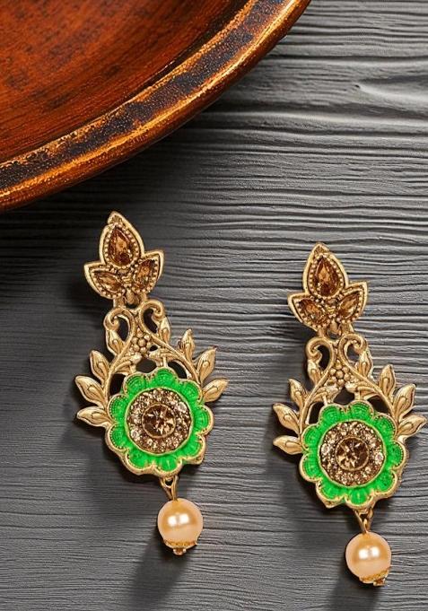 Classic Gold Plated Enamelled Meenakari Earrings Cubic Zirconia Beads Alloy Drops Danglers