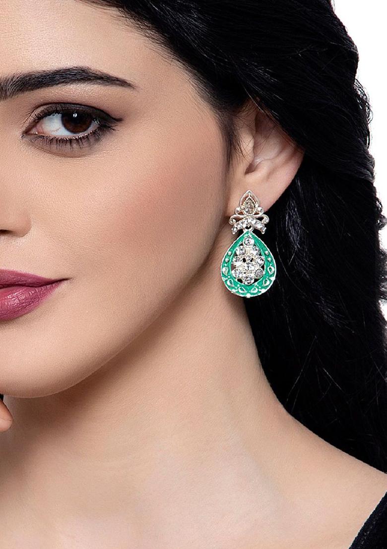Designer Silver Plated Enamelled Meenakari Teardrop Earrings - Indya