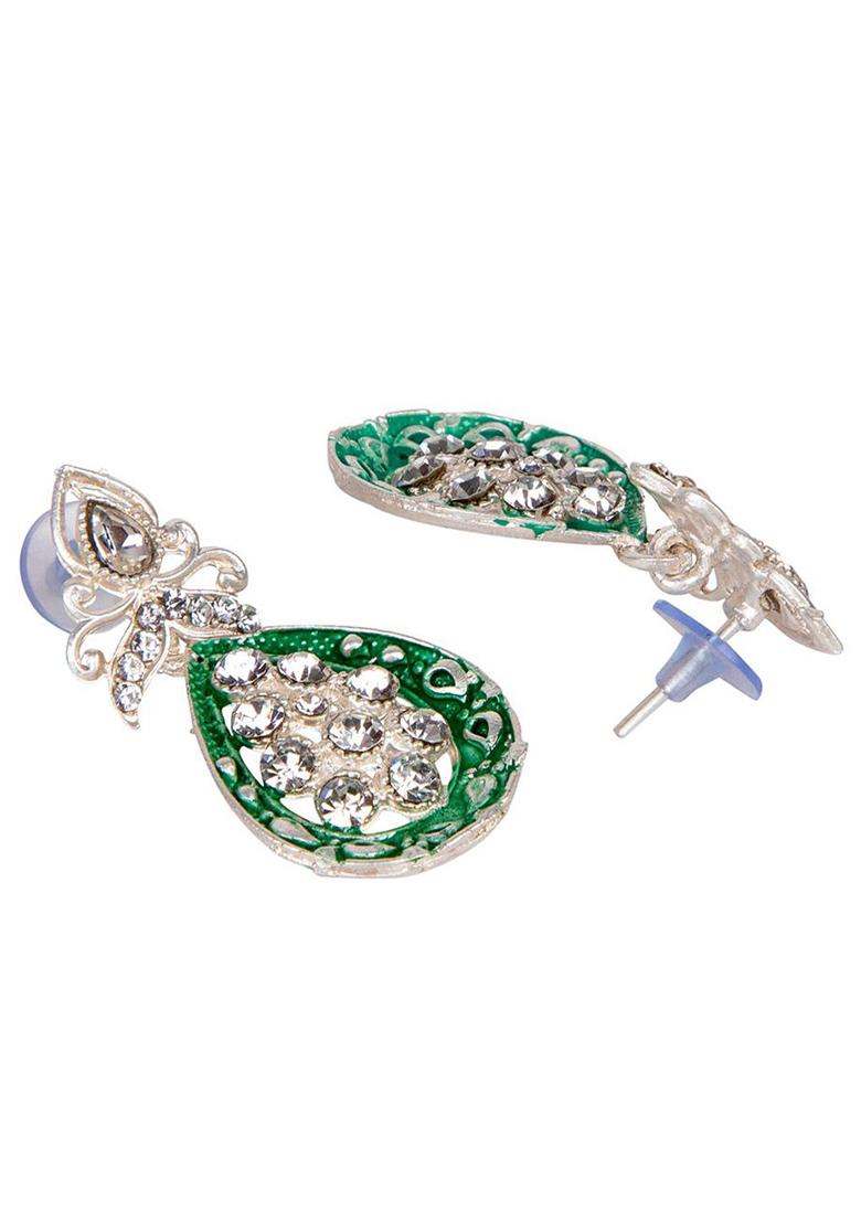 Designer Silver Plated Enamelled Meenakari Teardrop Earrings - Indya