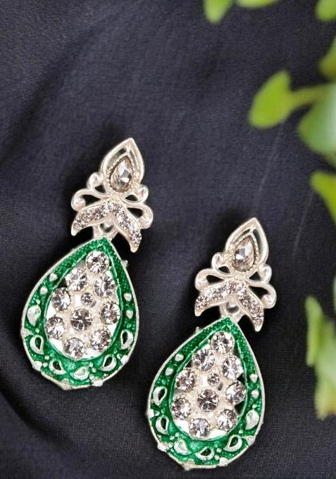 Designer Silver Plated Enamelled Meenakari Teardrop Earrings