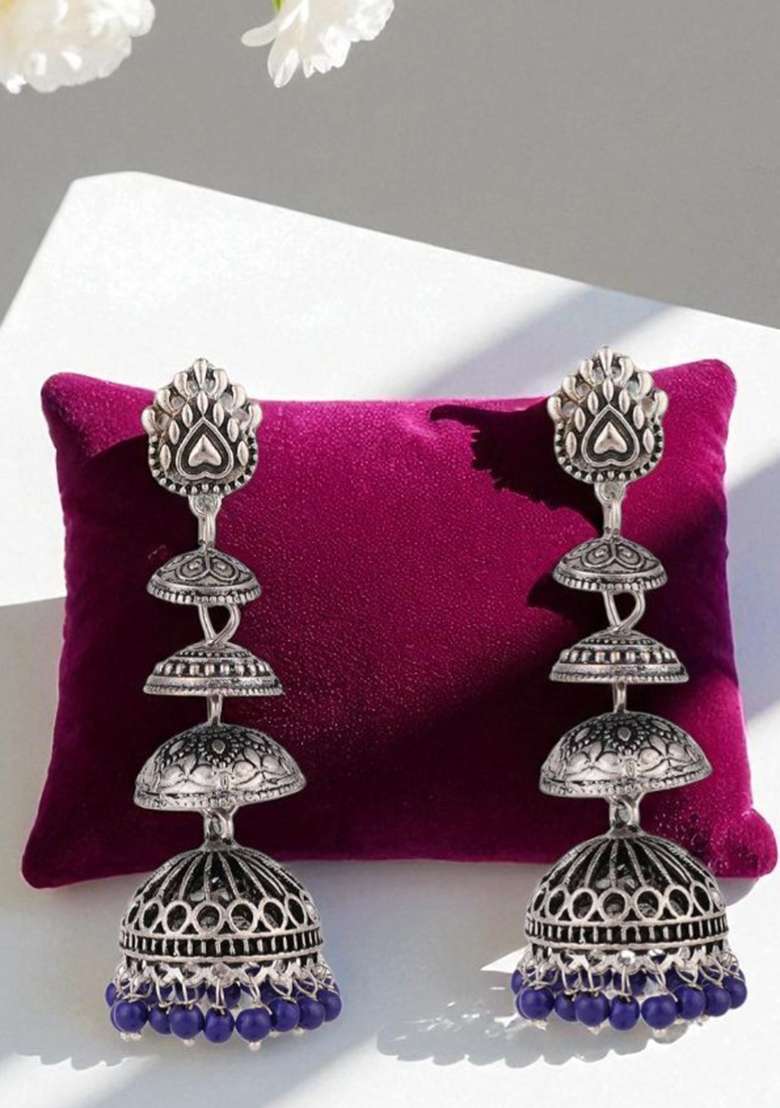 Designer Silver Tone Oxidised Blue Bead Jhumka Earring - Indya