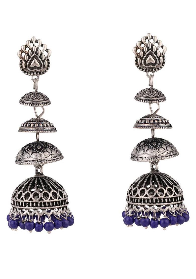 Designer Silver Tone Oxidised Blue Bead Jhumka Earring - Indya