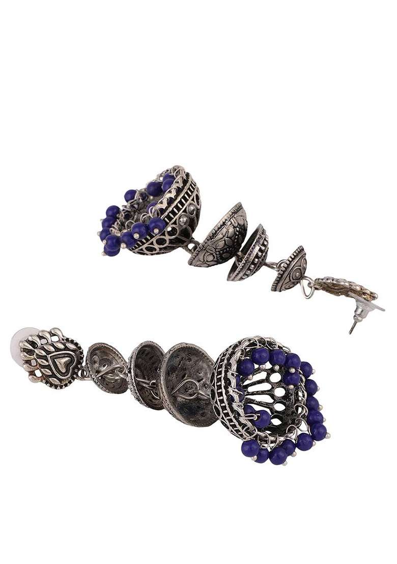 Designer Silver Tone Oxidised Blue Bead Jhumka Earring - Indya