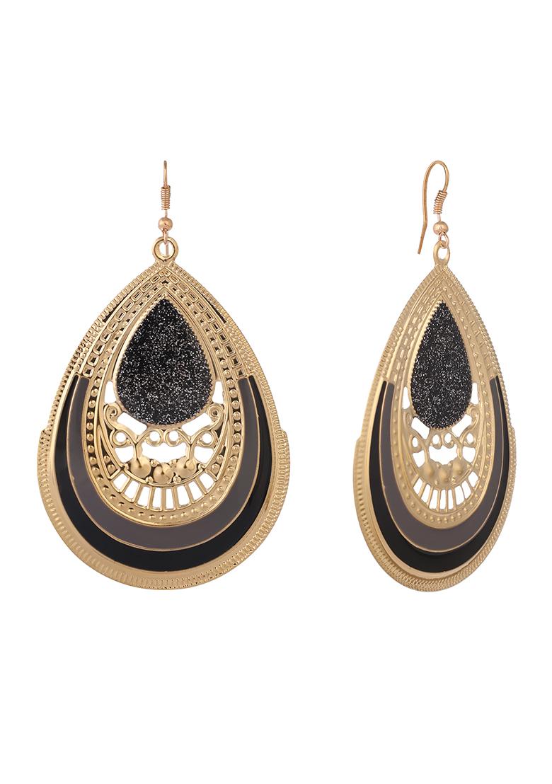 Black Glitter Gold Plated Enamelled Drop Earring - Indya