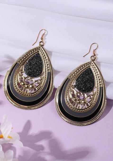 Black Glitter Gold Plated Enamelled Drop Earring