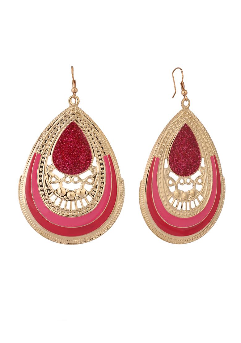 Pink Glitter Gold Plated Enamelled Drop Earring - Indya