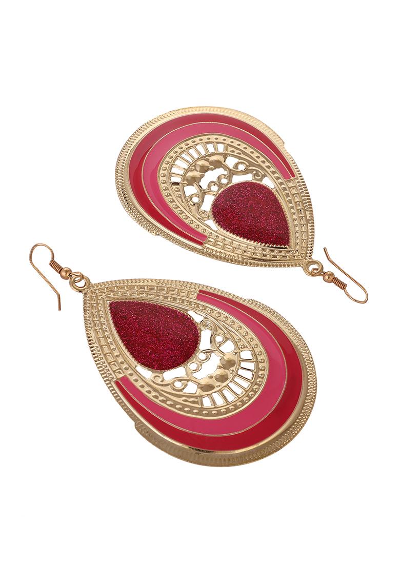 Pink Glitter Gold Plated Enamelled Drop Earring - Indya