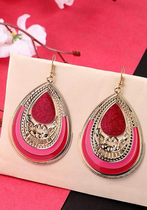 Pink Glitter Gold Plated Enamelled Drop Earring
