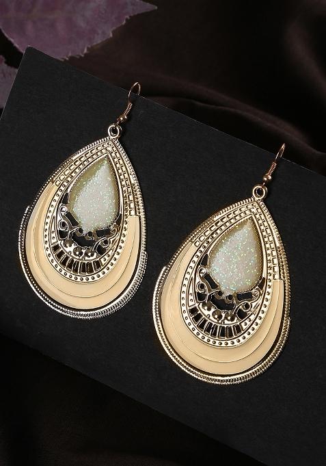 White Glitter Gold Plated Enamelled Drop Earring