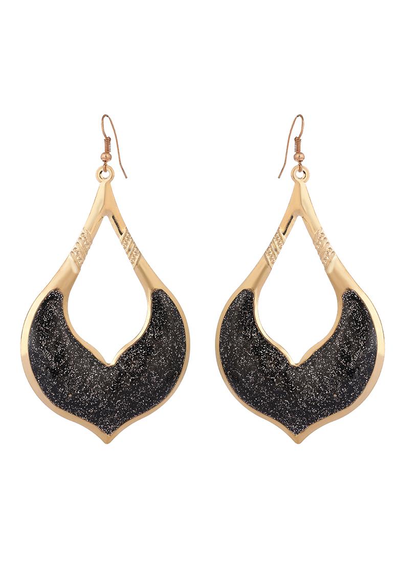 Black Glitter Gold Plated Enamelled Drop Earring - Indya