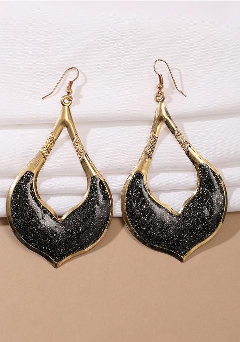 Black Glitter Gold Plated Enamelled Drop Earring