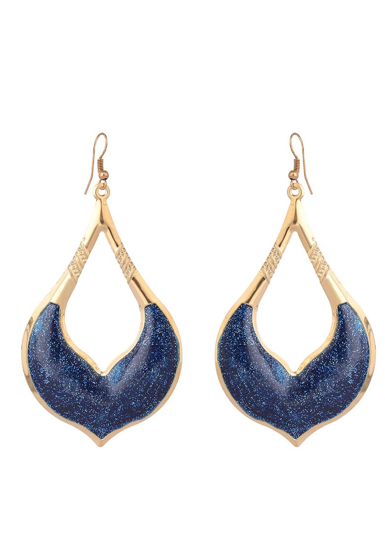 Blue Glitter Gold Plated Enamelled Drop Earring - Indya