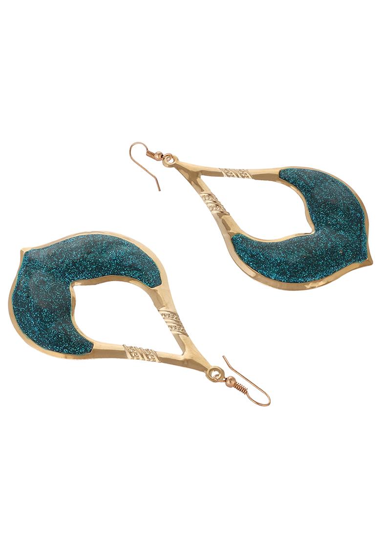 Turquoise Glitter Gold Plated Enamelled Drop Earring - Indya