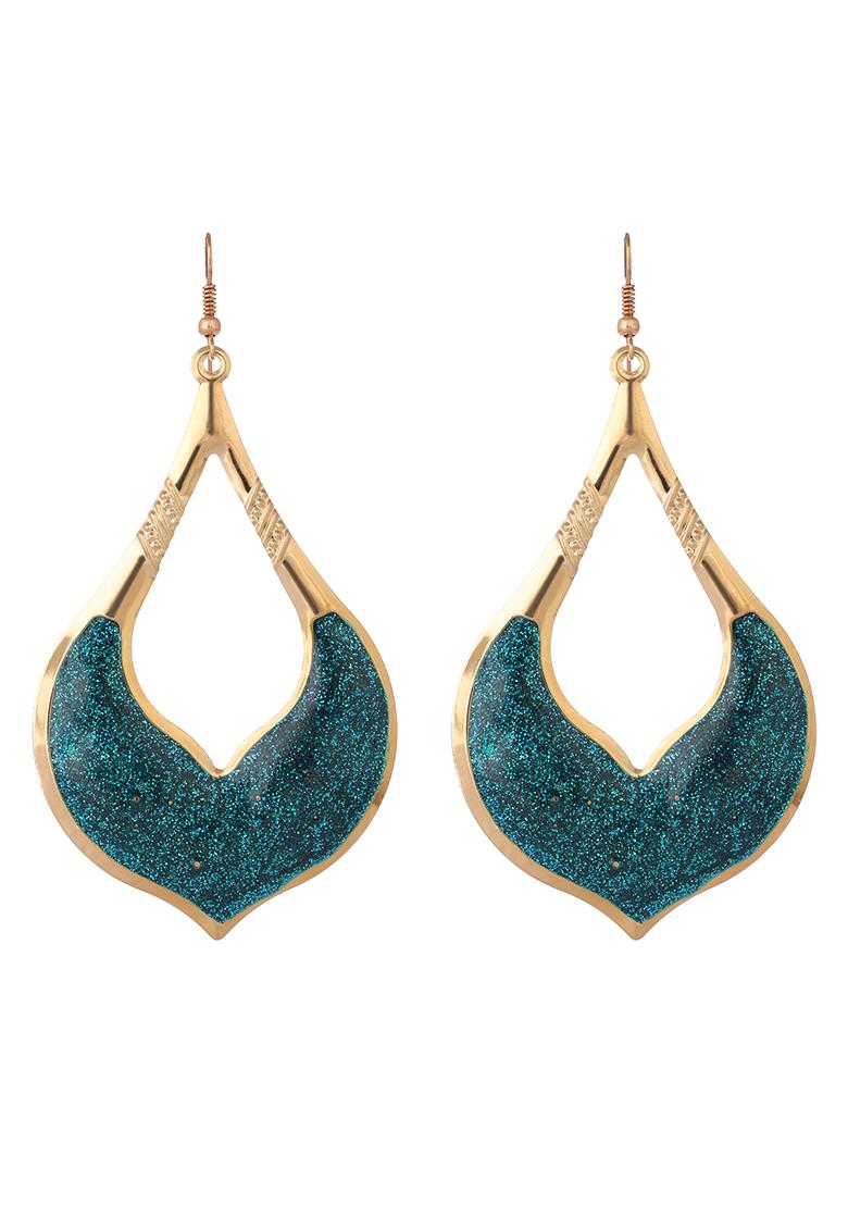Turquoise Glitter Gold Plated Enamelled Drop Earring - Indya