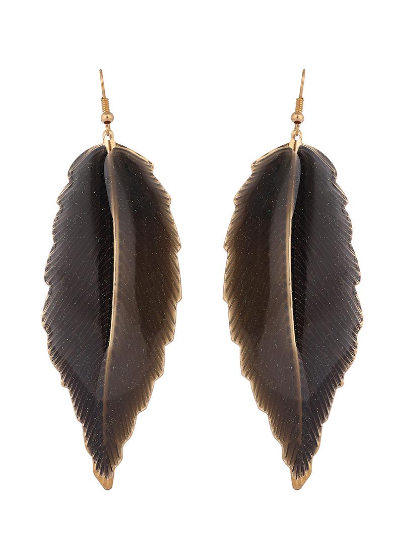 Black Feather Shape Gold Plated Drop Earring - Indya