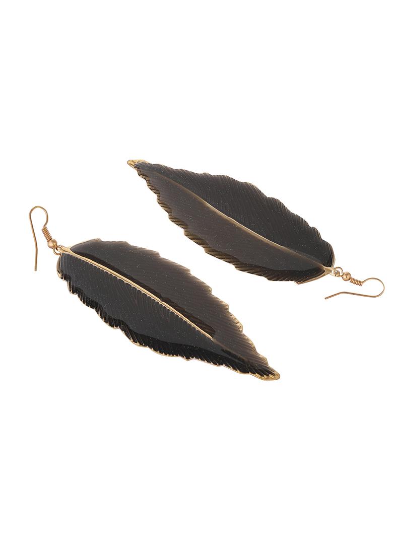 Black Feather Shape Gold Plated Drop Earring - Indya