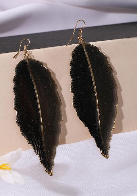 Black Feather Shape Gold Plated Drop Earring