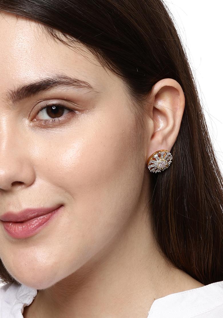 Trendy Party Wear American Diamond Gold Plated Geometric Shape Stud Earrings - Indya