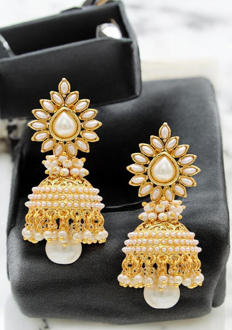 White Stone Studded And Gold Plated Enamelled Jhumka Drop Earring - Indya