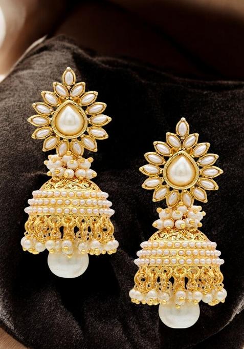 White Stone Studded And Gold Plated Enamelled Jhumka Drop Earring