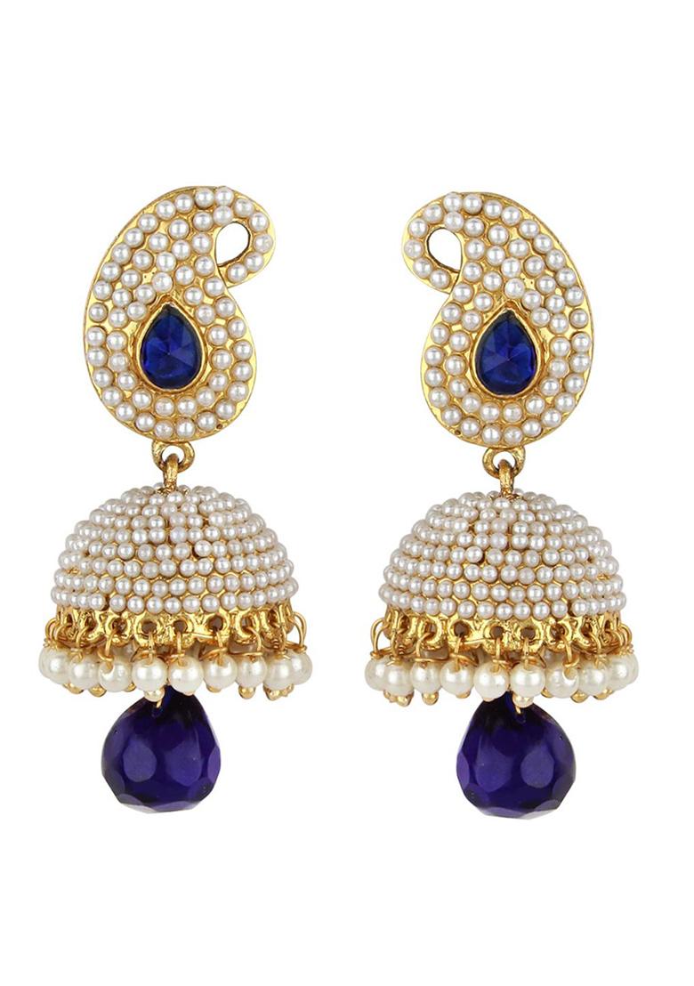 Gold Plated Enamelled Blue Jhumka Drop Earring - Indya