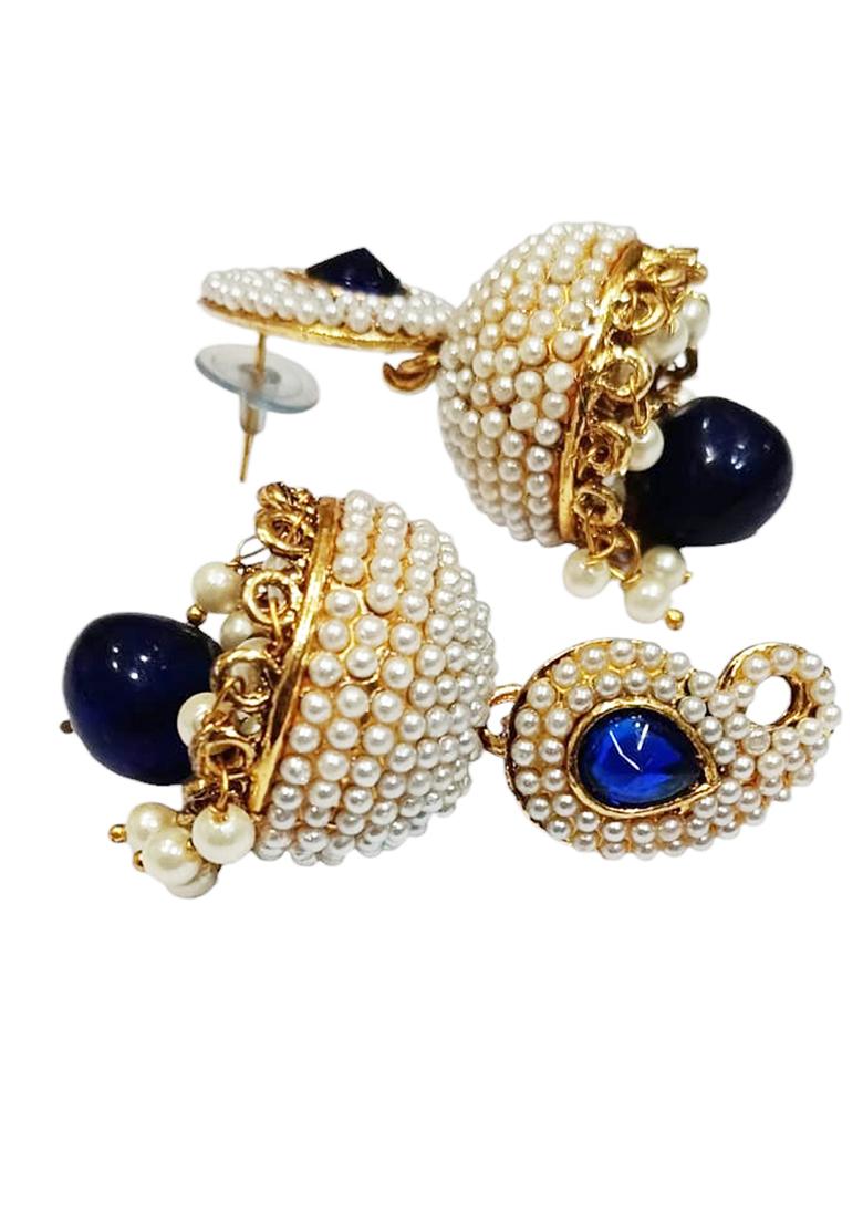 Gold Plated Enamelled Blue Jhumka Drop Earring - Indya