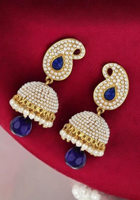 Gold Plated Enamelled Blue Jhumka Drop Earring