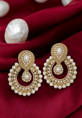White And Gold Plated Enamelled Chandbali Drop Earring Pearl Brass Chandbali Earring