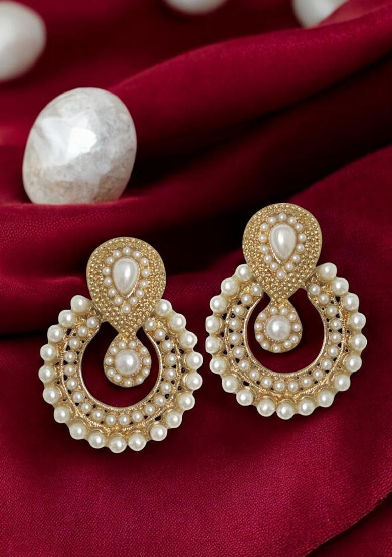 White And Gold Plated Enamelled Chandbali Drop Earring Pearl Brass Chandbali Earring - Indya