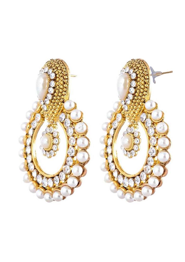 White And Gold Plated Enamelled Chandbali Drop Earring Pearl Brass Chandbali Earring - Indya