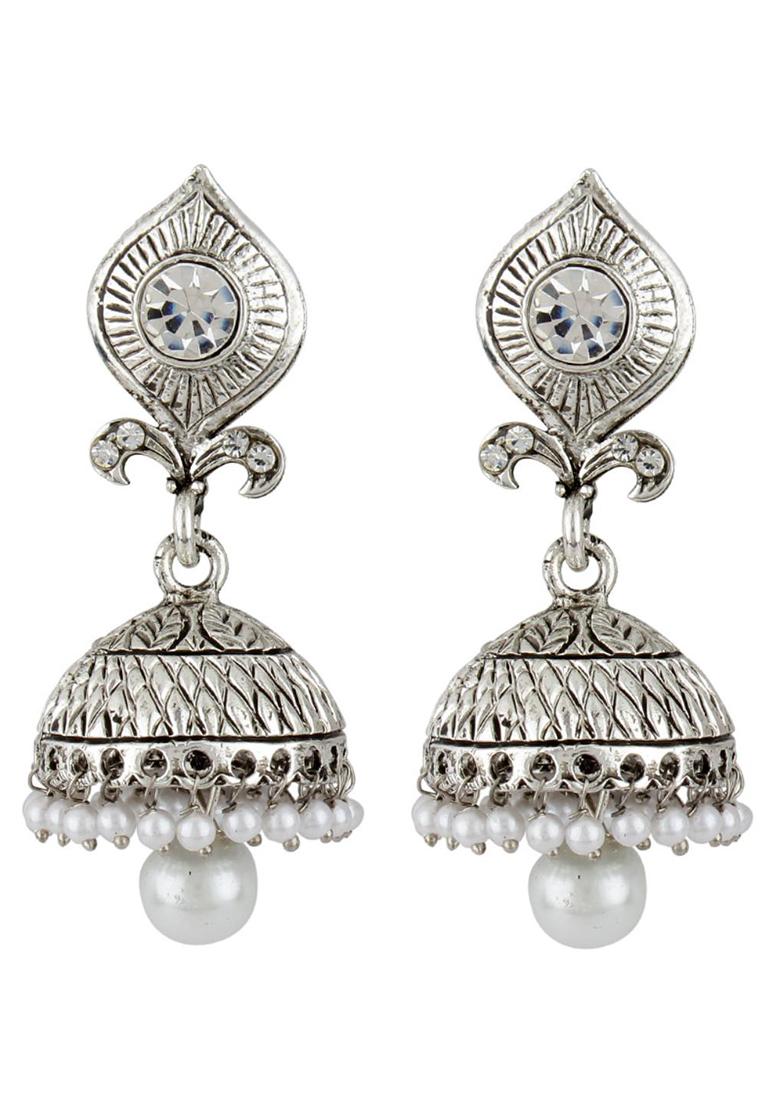 Silver Plated White Stone And Pearls Drop Jhumka Earrings - Indya