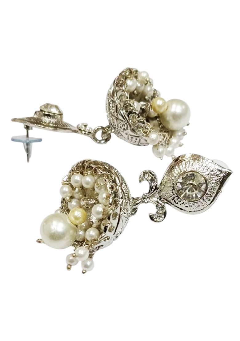 Silver Plated White Stone And Pearls Drop Jhumka Earrings - Indya