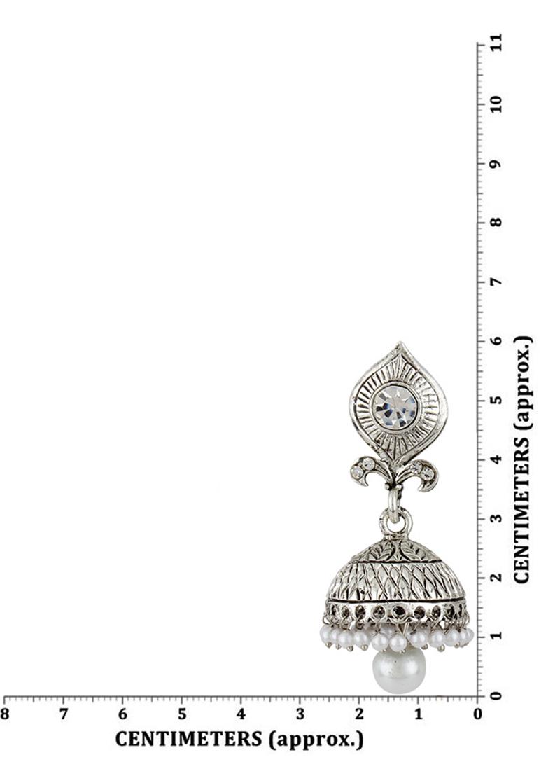 Silver Plated White Stone And Pearls Drop Jhumka Earrings - Indya