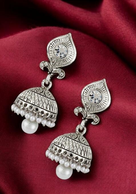 Silver Plated White Stone And Pearls Drop Jhumka Earrings