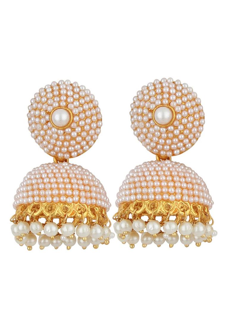 White Pearl Studded Gold Plated Enamelled Drop Jhumka Earring - Indya