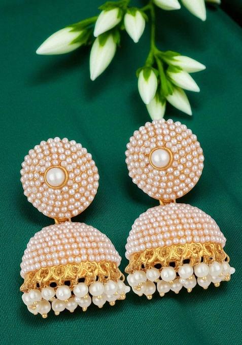 White Pearl Studded Gold Plated Enamelled Drop Jhumka Earring