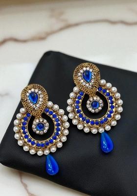Blue And White Cubic Zircornia Studded Pearly Gold Plated Drop Earring With Blue Drops