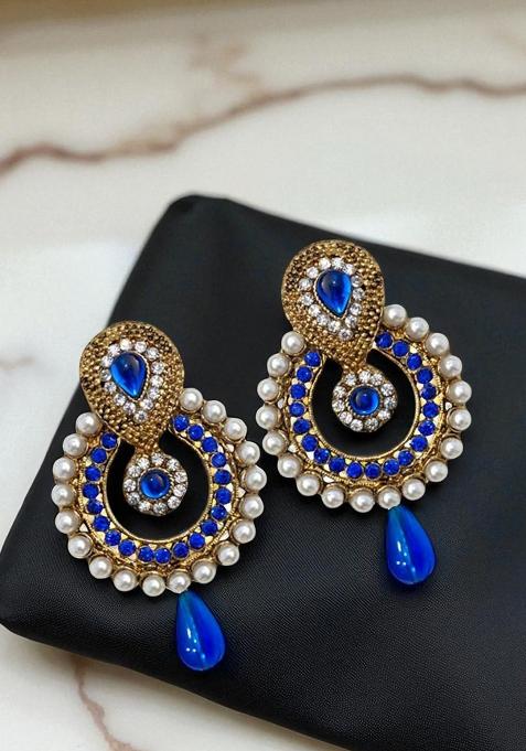 Blue And White Cubic Zircornia Studded Pearly Gold Plated Drop Earring With Blue Drops