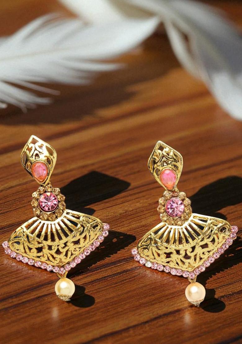 Pink And Gold Cubic Zircornia Studded Gold Plated Enamelled Drop Earring - Indya