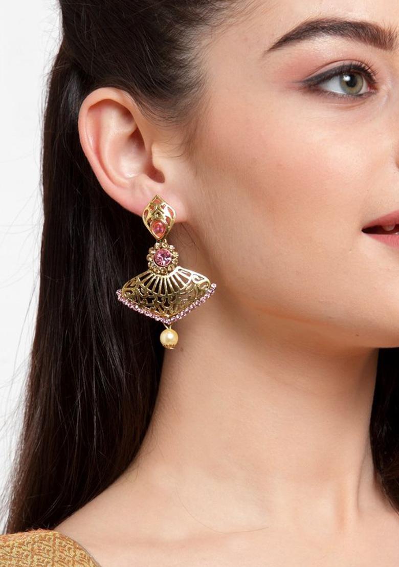 Pink And Gold Cubic Zircornia Studded Gold Plated Enamelled Drop Earring - Indya