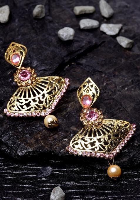 Pink And Gold Cubic Zircornia Studded Gold Plated Enamelled Drop Earring