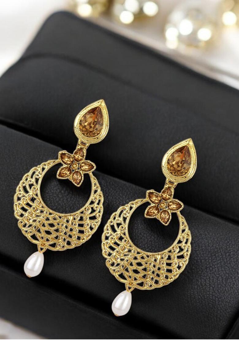 Gold Stones Studded Gold Plated Enamelled Chandbaali Earring With Pearl Drops - Indya